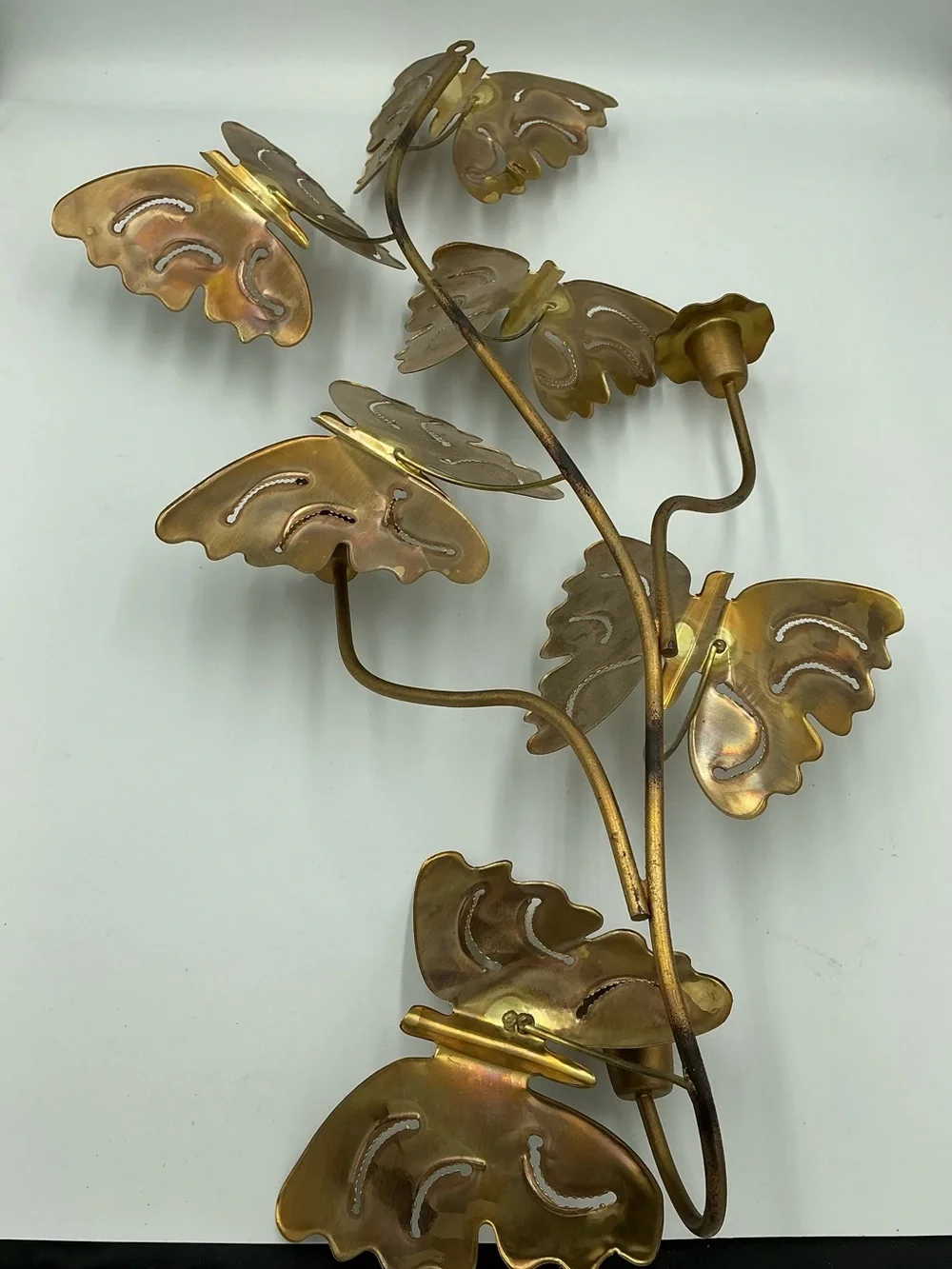 Vtg MCM Metal Art Brass Butterflies Wall Hanging 3 Candle Sconces 24” x 11” EUC